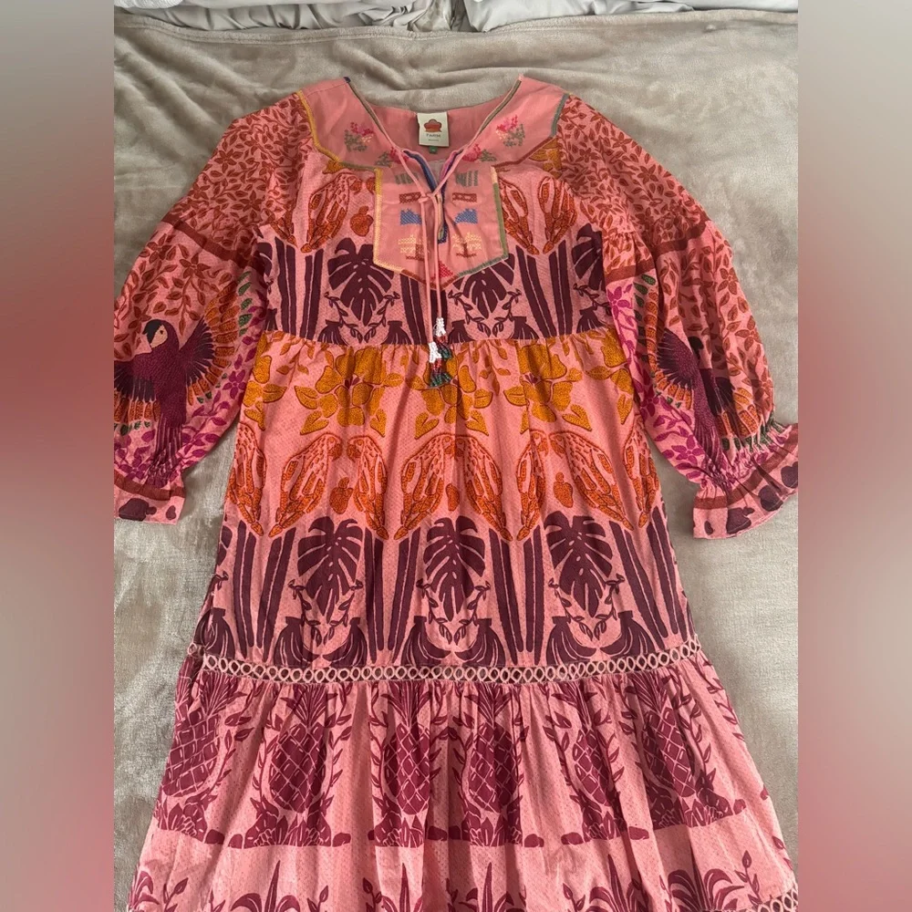 Farm Rio Pink Anika Macaws Maxi Dress XL Tropical Resort Boho Luxury - Picture 4 of 13